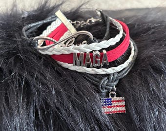 Bracciale MAGA fatto a mano: ciondolo con bandiera USA, gioiello patriottico regolabile