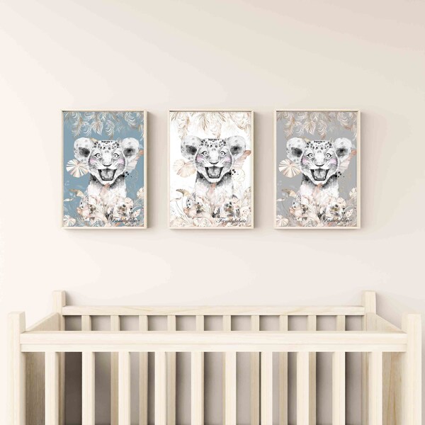 Affiche numérique pour chambre d'enfant Romantique Tigre Bleu Blanc ou Gris