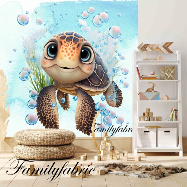 Familyfabric Papier Peint Intissé / Panneau mural panoramique chambre enfant Bleu Tortue 3