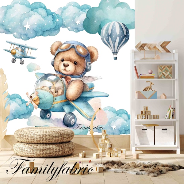 Familyfabric Papier Peint Intissé / Panneau mural panoramique chambre enfant Ourson et avion