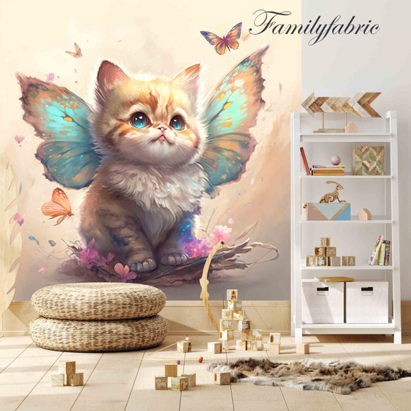 Familyfabric Papier Peint Intissé / Panneau mural panoramique chambre enfant Chat Papillon 1