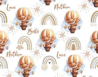 Hot Air Balloon Teddy Bear Fabric with First Name Cotton / Double Cotton Gauze / Jersey / French Terry / Waterproof Polyester / Minky Oeko-Tex