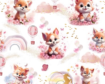 En Stock Familyfabric Coton Forêt Renard Arc en Ciel Rose