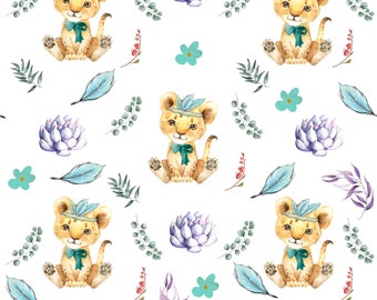 En Stock Familyfabric Coton Savane Lionceau Parme /Bleu