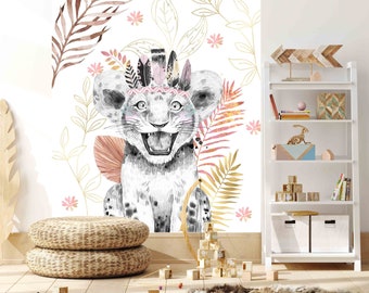 Familyfabric Papier Peint Intissé / Panneau mural panoramique chambre enfant Gold Savane Tigre Rose