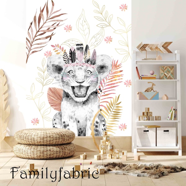 Familyfabric Papier Peint Intissé / Panneau mural panoramique chambre enfant Gold Savane Tigre Rose