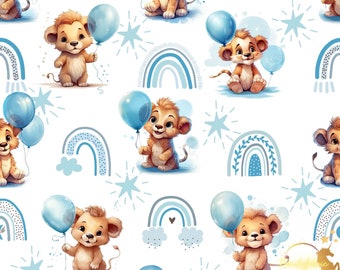 Lion Cub and Blue Balloons Cotton Fabric / Double Cotton Gauze / Jersey / French Terry / Waterproof Polyester / Minky Oeko-Tex