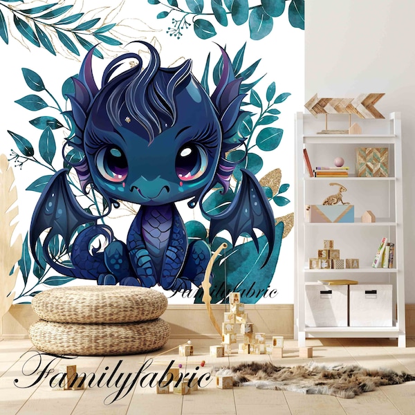 Familyfabric Papier Peint Intissé / Panneau mural panoramique chambre enfant Feuillage Bleu Canard Dragon