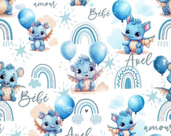 Dragon and Blue Balloons Fabric with First Name Cotton / Double Cotton Gauze / Jersey / French Terry / Waterproof Polyester / Minky Oeko-Tex