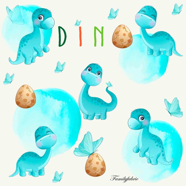 En Stock Exlusivité Tissu Coton Familyfabric Dinosaure Bleu