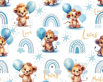 Lion Cub and Blue Balloons Fabric with First Name Cotton / Double Cotton Gauze / Jersey / French Terry / Waterproof Polyester / Minky Oeko-Tex