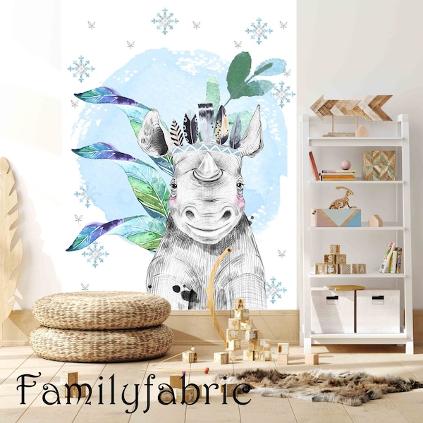 Familyfabric Papier Peint Intissé / Panneau mural panoramique chambre enfant Flocon Rhinocéros