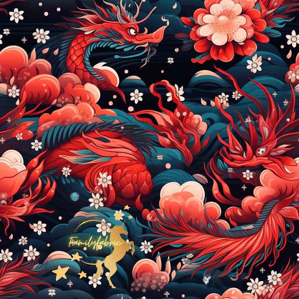 Tissu Oekotex Dragon Chinois Rouge Coton / Double Gaze de Coton / Jersey / French Terry / Polyester Imperméable /Minky