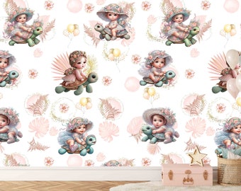 Familyfabric Non-Woven Wallpaper / Panoramic wall panel for children's bedroom pink Child and turtle