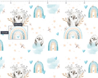 En Stock  Tissu Coton Familyfabric Boho Bleu Arc en Ciel Lapin