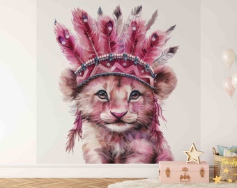 Familyfabric Non-Woven Wallpaper / Panoramic wall panel for children's bedroom Indian Lioness Feathers Pink 10