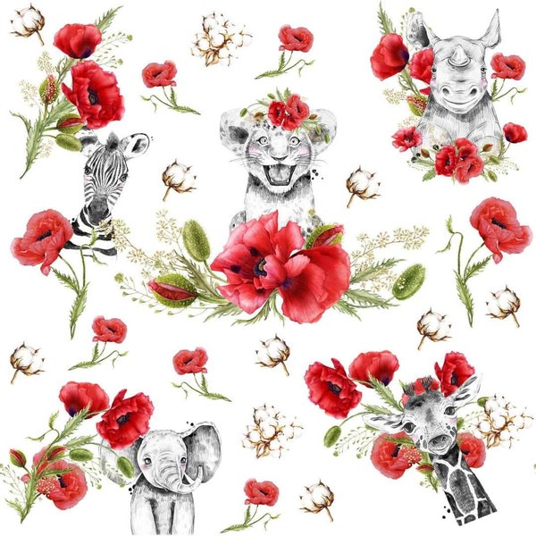 En Stock Tissu Coton Familyfabric Savane Coquelicot et fleurs de coton