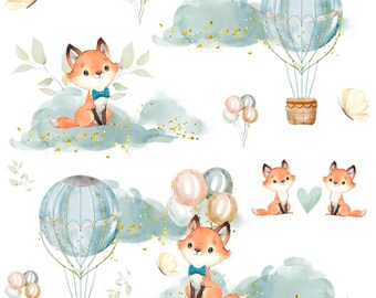 En Stock Familyfabric Coton  Oekotex Montgolfière Renard Bleu