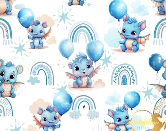 Dragon and Blue Balloons Cotton Fabric / Double Cotton Gauze / Jersey / French Terry / Waterproof Polyester / Minky Oeko-Tex