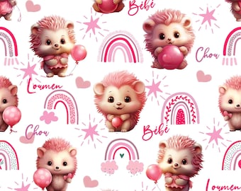 Pink Balloons Hedgehog Fabric with First Name Cotton / Double Cotton Gauze / Jersey / French Terry / Waterproof Polyester /Minky Oeko-Tex