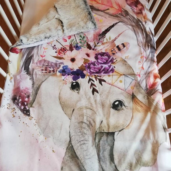 Couverture Elephant et plumes fausse fourrure