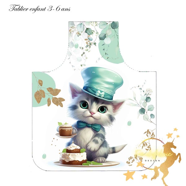 Joli Tablier 3-6 Ans Eucalyptus Chat et Cup Cake