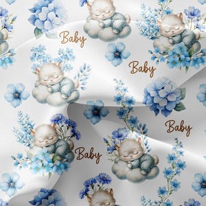 Baby naadloos patroon, herhalend, kattenontwerp, blauwe bloemen, wolk, kitten, slapend, pastel, kinderkamer, kaart, commercieel ok