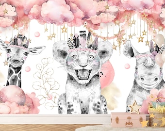 Familyfabric Papier Peint Intissé / Panneau mural panoramique chambre enfant Poussière d'étoiles Rose Savane