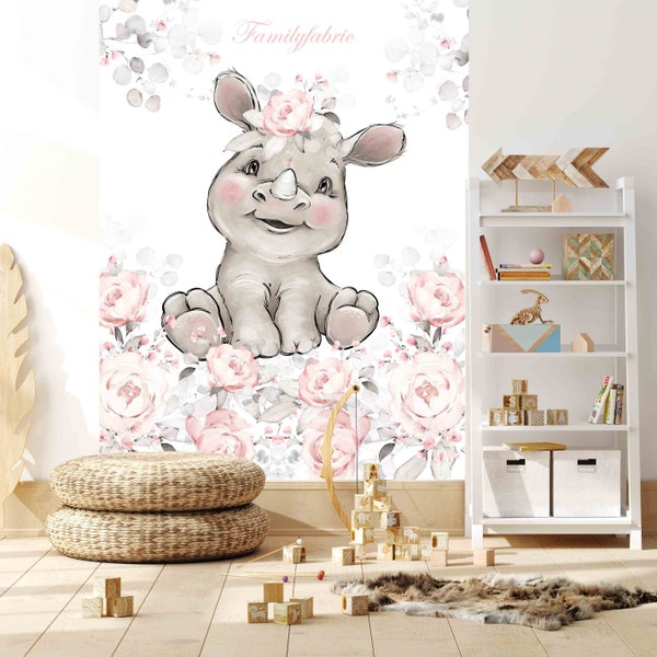 Familyfabric Papier Peint Intissé / Panneau mural panoramique chambre enfant Roses Rhinocéros