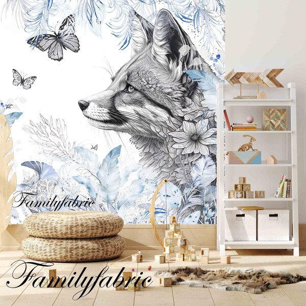 Familyfabric Papier Peint Intissé / Panneau mural panoramique chambre enfant Romantique Bleu Orage Renard et Papillon