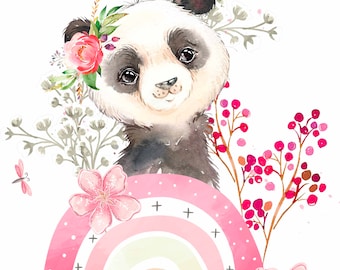 Familyfabric Exclusive Panel or Cover Animals Miscellaneous Boho Rainbow Pink Panda