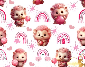 Pink Balloons Hedgehog Cotton Fabric / Double Cotton Gauze / Jersey / French Terry / Waterproof Polyester /Minky Oeko-Tex