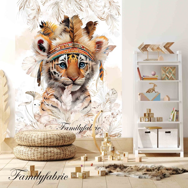 Familyfabric Papier Peint Intissé / Panneau mural panoramique chambre enfant Romantique Lion Plumes