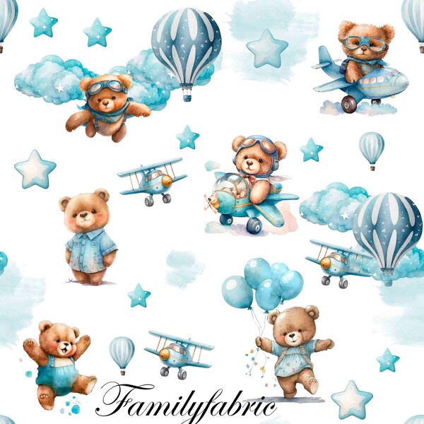 Tessuto di cotone doppia garza Familyfabric Aviator Bear Blu