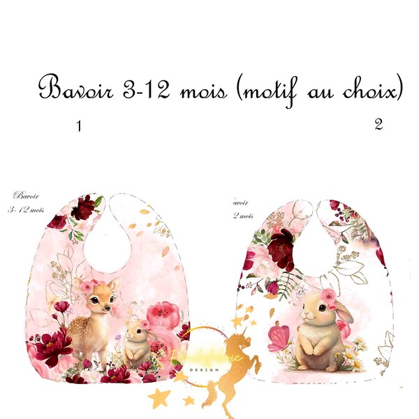 Panneau Bavoir à coudre 3-12 mois Fleurs roses Faon et Lapin