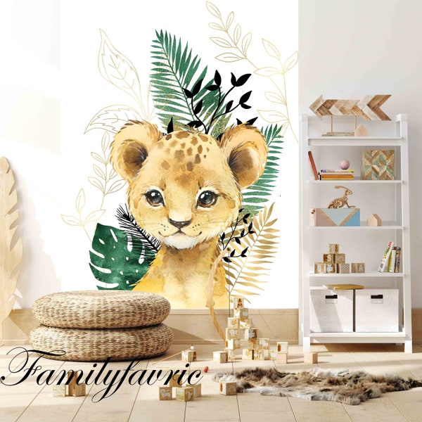 Familyfabric Papier Peint Intissé / Panneau mural panoramique chambre enfant Savane Gold Lionceau