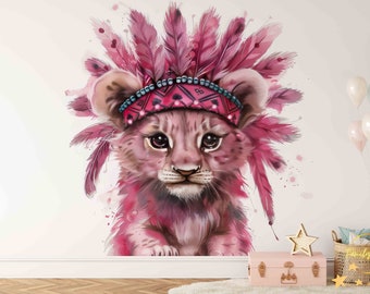 Familyfabric Non-Woven Wallpaper / Panoramic wall panel for children's bedroom Indian Lioness Feathers Pink 8