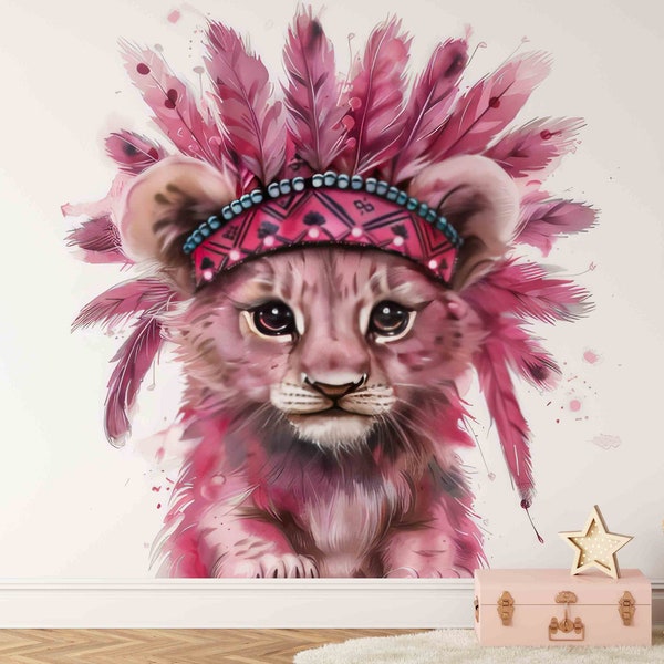 Familyfabric Papier Peint Intissé / Panneau mural panoramique chambre enfant Indien Lionne Plumes Rose 8