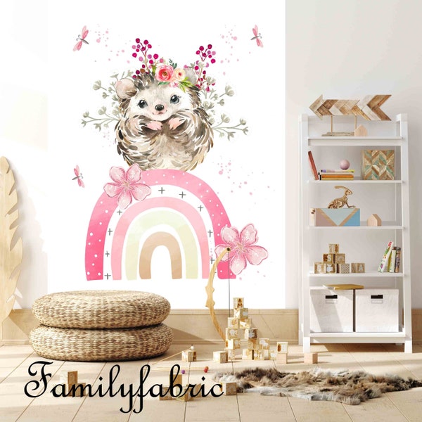 Familyfabric Papier Peint Intissé / Panneau mural panoramique chambre enfant Arc en Ciel rose Hérisson