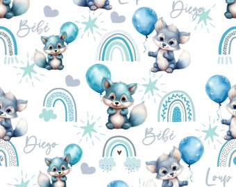 Wolf Fabric and Blue Balloons with First Name Cotton / Double Cotton Gauze / Jersey / French Terry / Waterproof Polyester / Minky Oeko-Tex