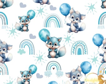 Wolf and Blue Balloons Cotton Fabric / Double Cotton Gauze / Jersey / French Terry / Waterproof Polyester / Minky Oeko-Tex