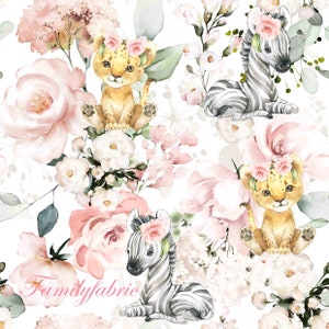 Savannah Lioness and Zebra Flowers Cotton Fabric / Double Cotton Gauze / Jersey / French Terry / Waterproof Polyester / Minky Oeko-Tex