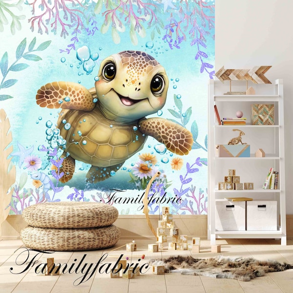 Familyfabric Papier Peint Intissé / Panneau mural panoramique chambre enfant Bleu Tortue 2