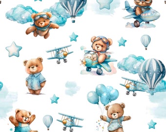 Blue Aviator Bear Cotton Fabric / Double Cotton Gauze / Jersey / French Terry / Waterproof Polyester / Minky Oeko-Tex