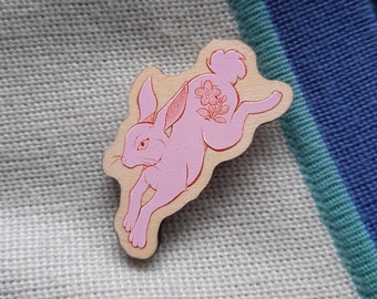 Pink bunny | Wooden pin, pinback, lapel pin brooch for Ita Bags | Chinese zodiac, year of the rabbit, flower accent, monochromatic