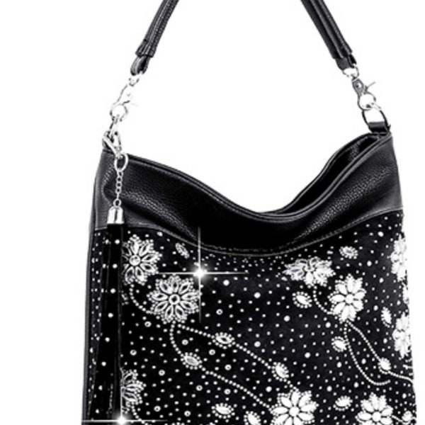 Rhinestone Floral Print Hobo Bag