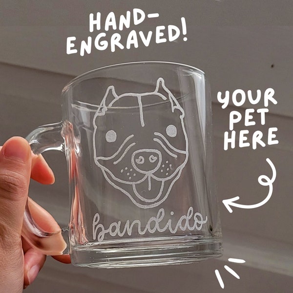 Custom Glass Mug Pet Portrait | Hand-Engraved Clear Mug | Personalized Cat Dog Drawing Name | Pet Parent Memorial Gift | Coffee Tea Cup