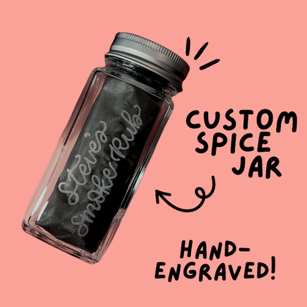 Custom Spice Jar Engraved | Kitchen Pantry Herb Labels | Sprinkle Container Etched Glass Square Salt Pepper Shaker Personalized Seasoning