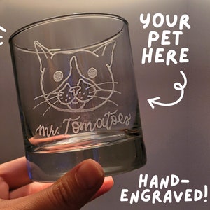 Custom Rocks Glass Pet Portrait | Hand-Engraved Glassware | Personalized Cat Dog Drawing Name | Pet Parent Memorial Gift | Whiskey Low Ball
