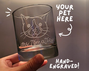 Custom Rocks Glass Pet Portrait | Hand-Engraved Glassware | Personalized Cat Dog Drawing Name | Pet Parent Memorial Gift | Whiskey Low Ball